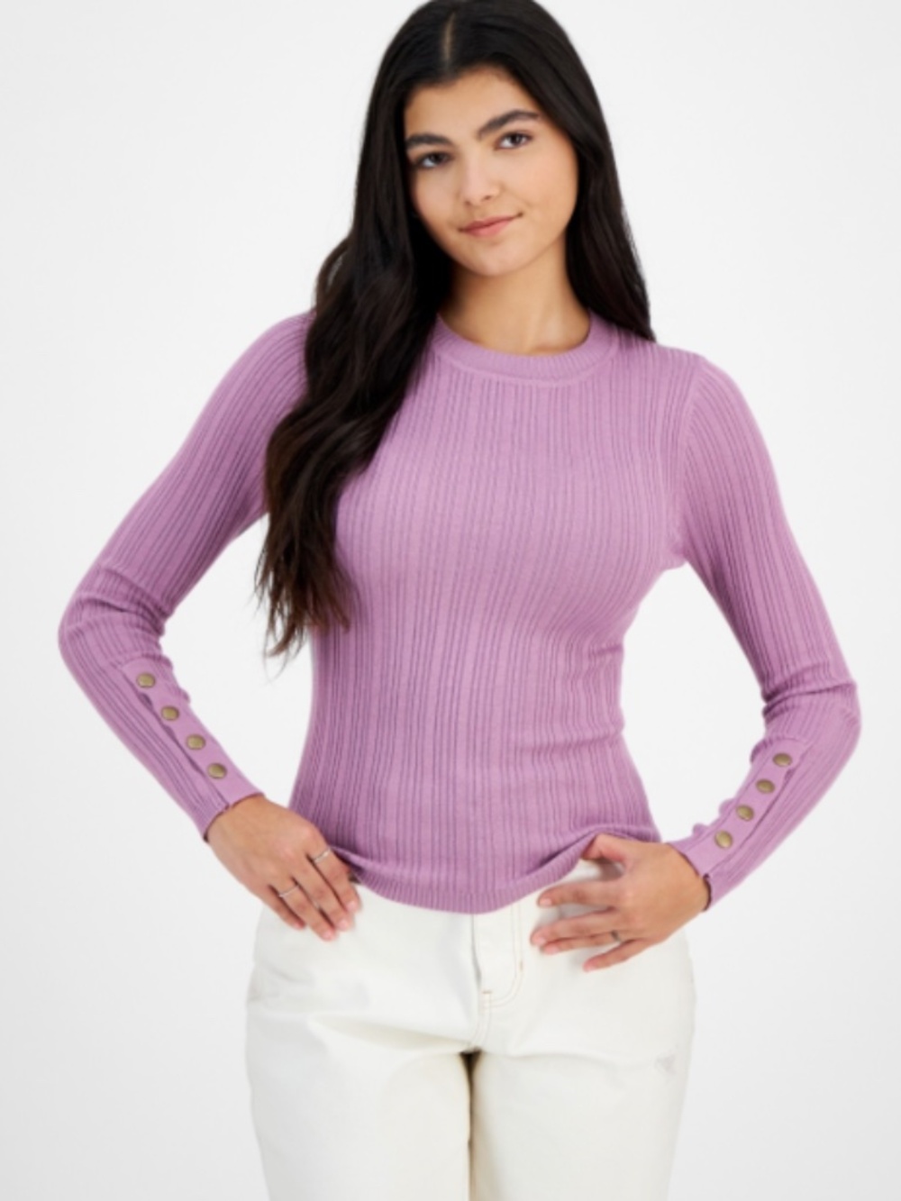 Hooked up by Iot Juniors' Snap-Cuff Ribbed Crewneck Sweater - Valerian SIZE XL
